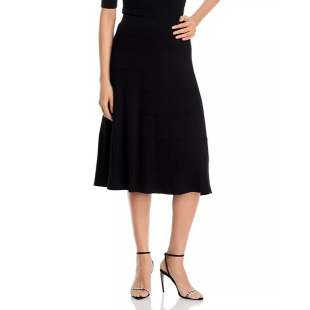 NWT T TAHARI RIBBED KNIT MIDI SKIRT BLACK LARGE